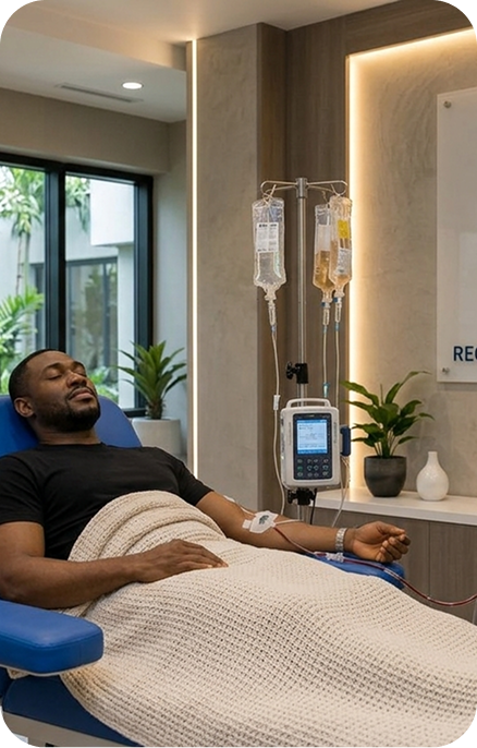 Patient receiving IV fluids in a recliner chair